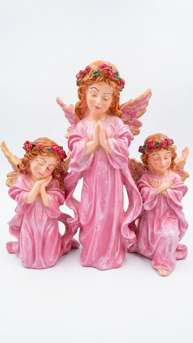 Pink Angel Blessings Showpiece Set of 3 – Premium Decorative Figurines for Home, Prayer Corner & Gifting