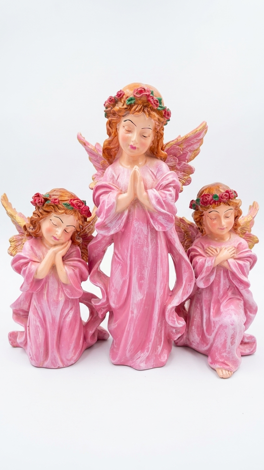 Pink Angel Blessings Showpiece Set of 3 – Premium Decorative Figurines for Home, Prayer Corner & Gifting