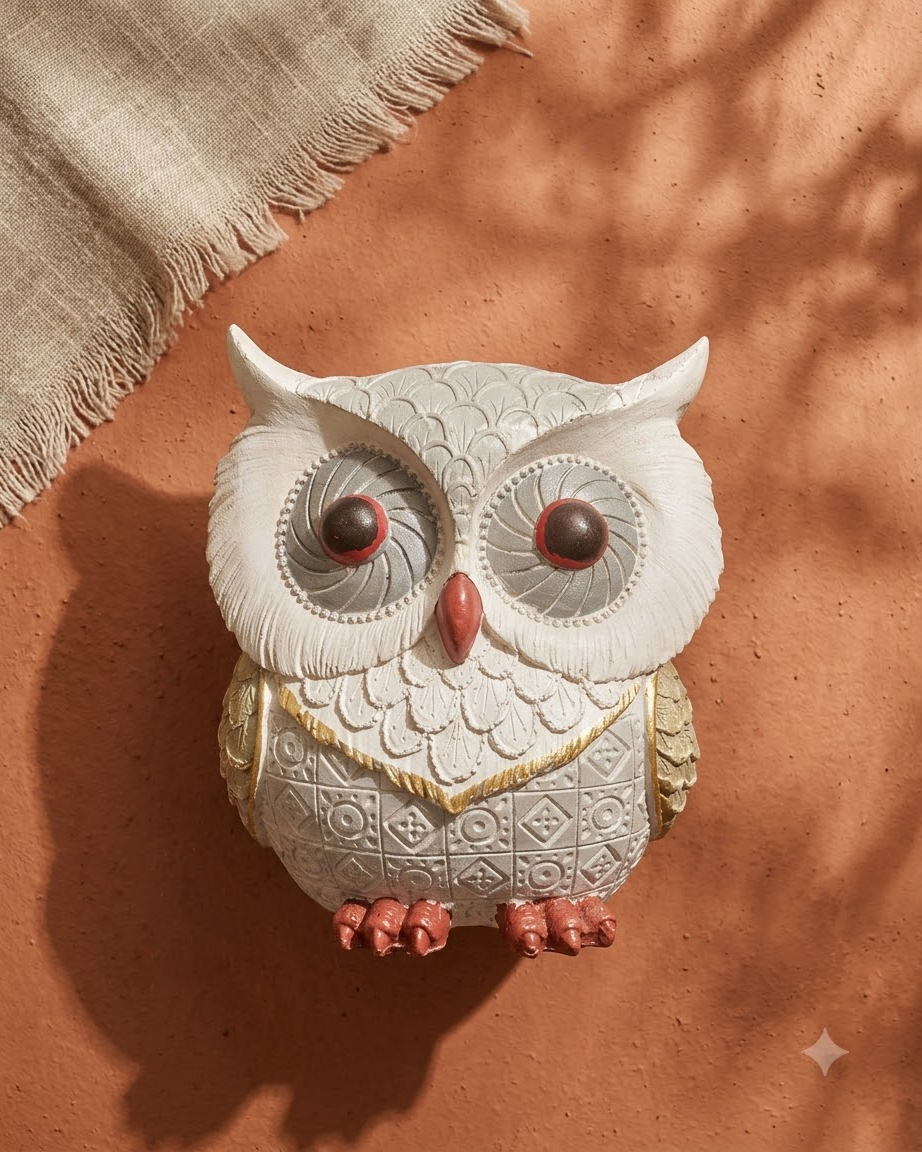 White Gold Owl Showpiece for Home Decor