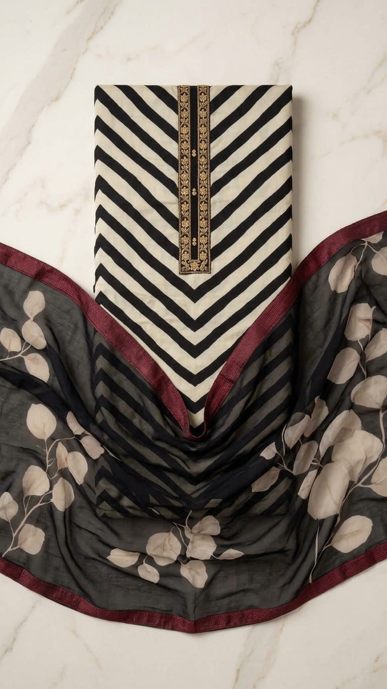 Black and White Designer Suit Set with Dupatta –Modern Ethnic Wear