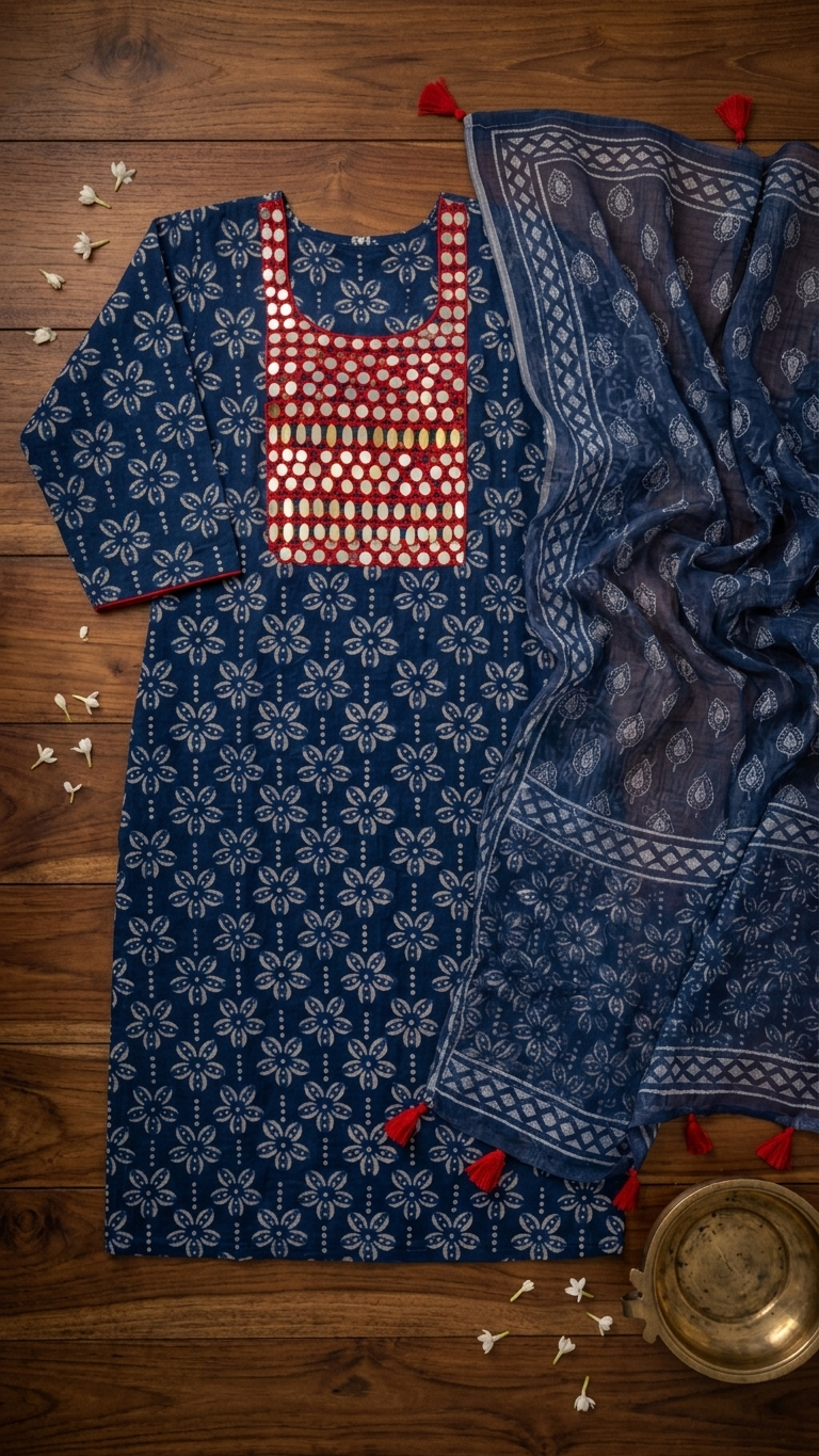 indigo printed unstitched suit set