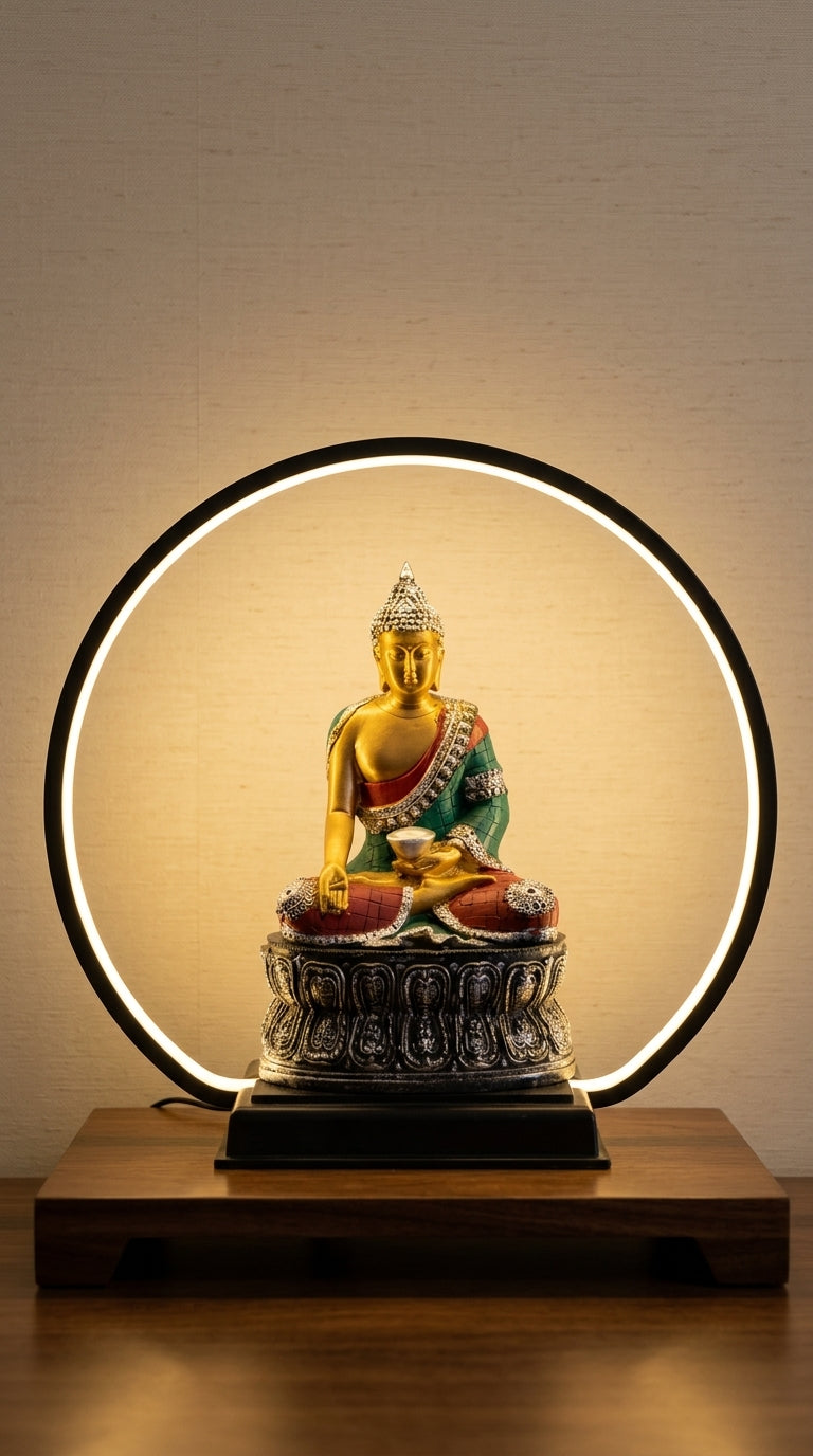 Handcrafted LED Buddha decor illuminated in a circular light display for luxury home decor.