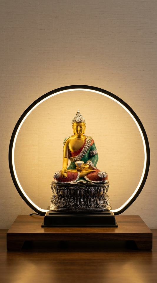 Handcrafted LED Buddha decor illuminated in a circular light display for luxury home decor.