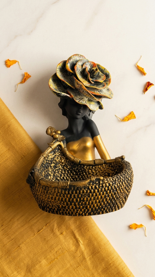 Handcrafted Lady Figurine Fruit Basket Showpiece with Hat