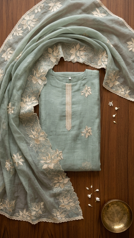 sage green embroidered kurta set