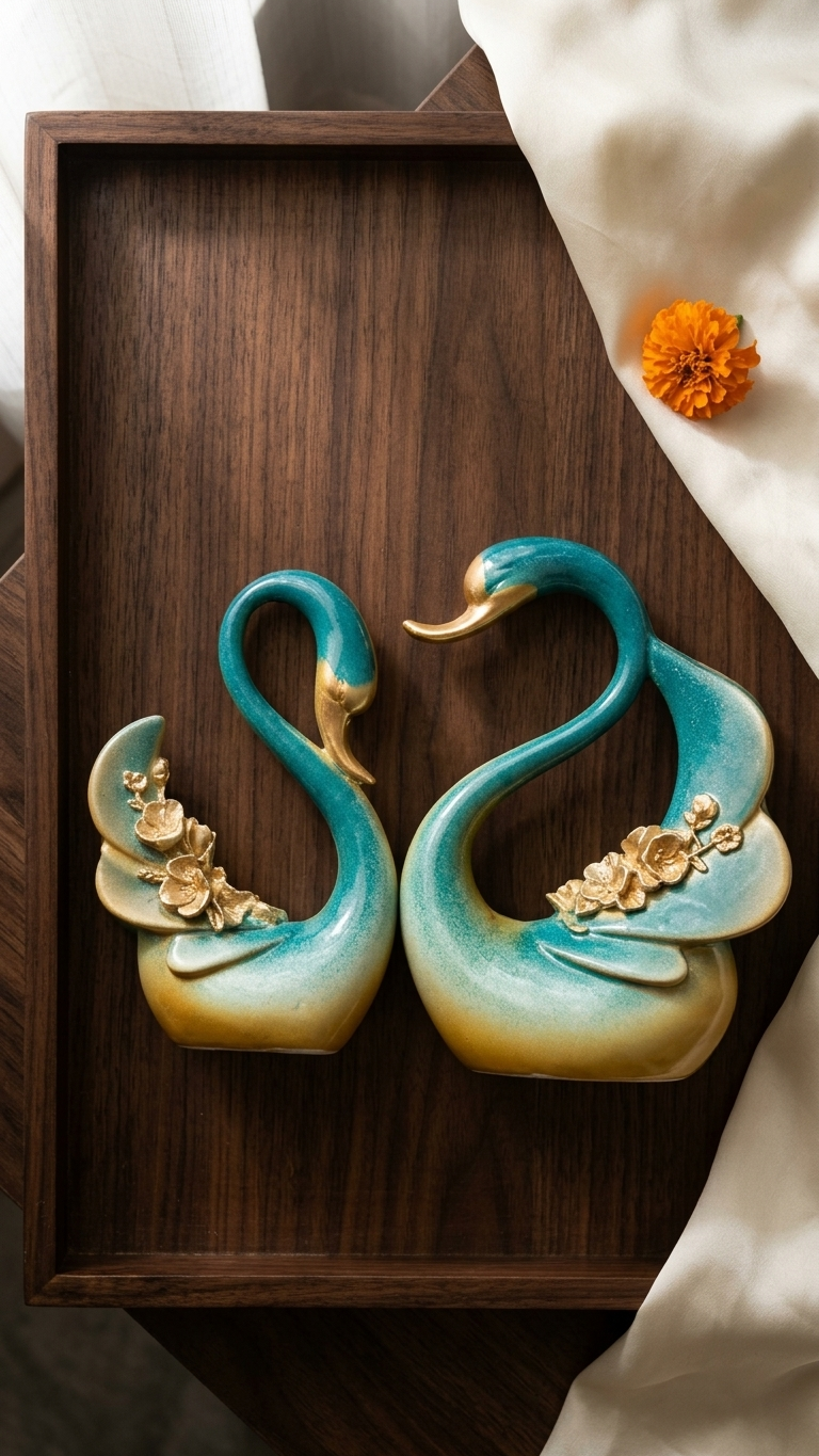 Handcrafted Teal Golden Swan Showpiece Set | Premium Resin Couple Sculpture