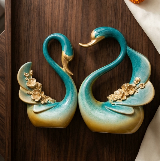 Handcrafted Teal Golden Swan Showpiece Set For Home