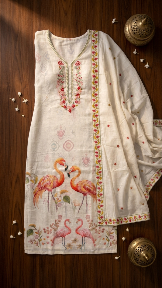 flamingo printed cotton suit set