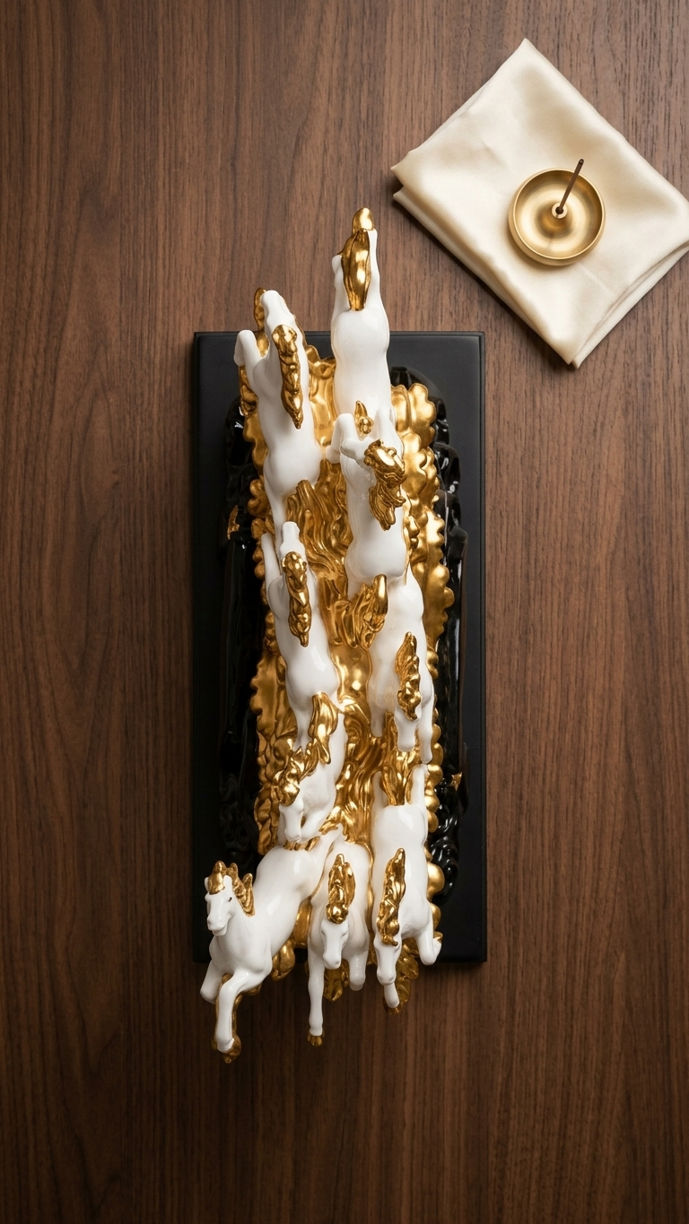 Handcrafted Running Horse Sculpture Showpiece in White & Gold with Decorative Base