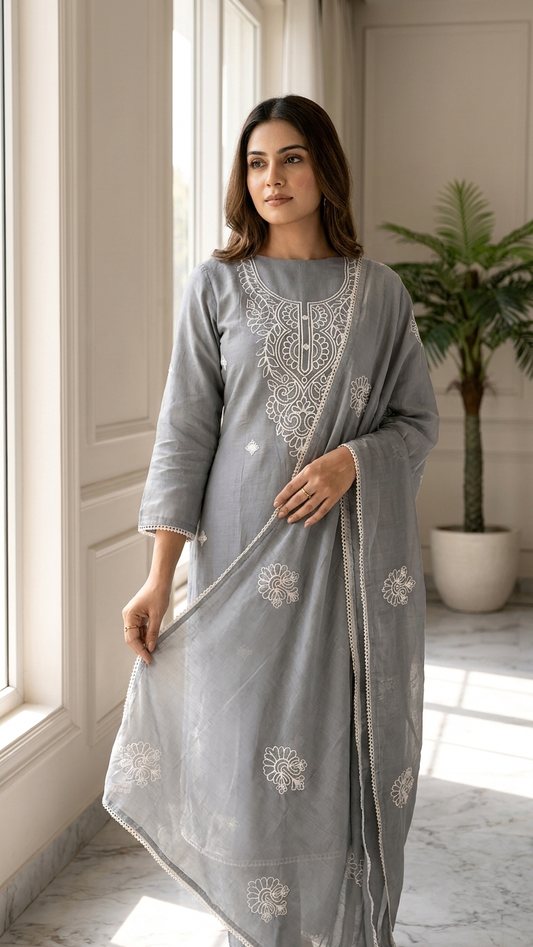 Grey Embroidered Designer Suit Set with Dupatta – Elegant Ethnic Wear