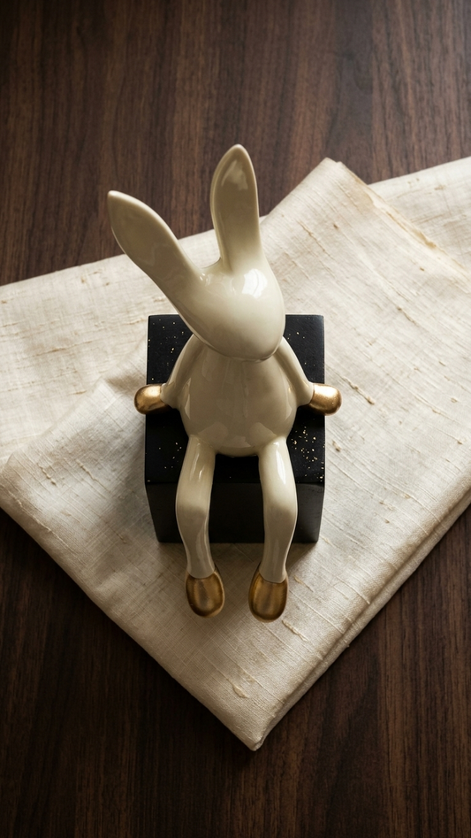 Handcrafted White Sitting Rabbit Showpiece with Golden Hanging Legs – Premium Modern Home Decor