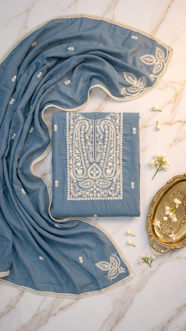 Powder Blue Embroidered Suit Set with Dupatta – Elegant Ethnic Wear