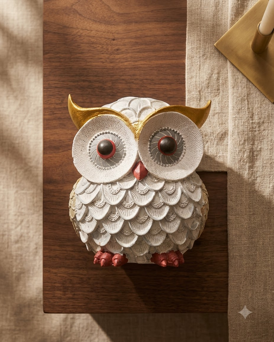 White Gold Owl Showpiece for Home Decor