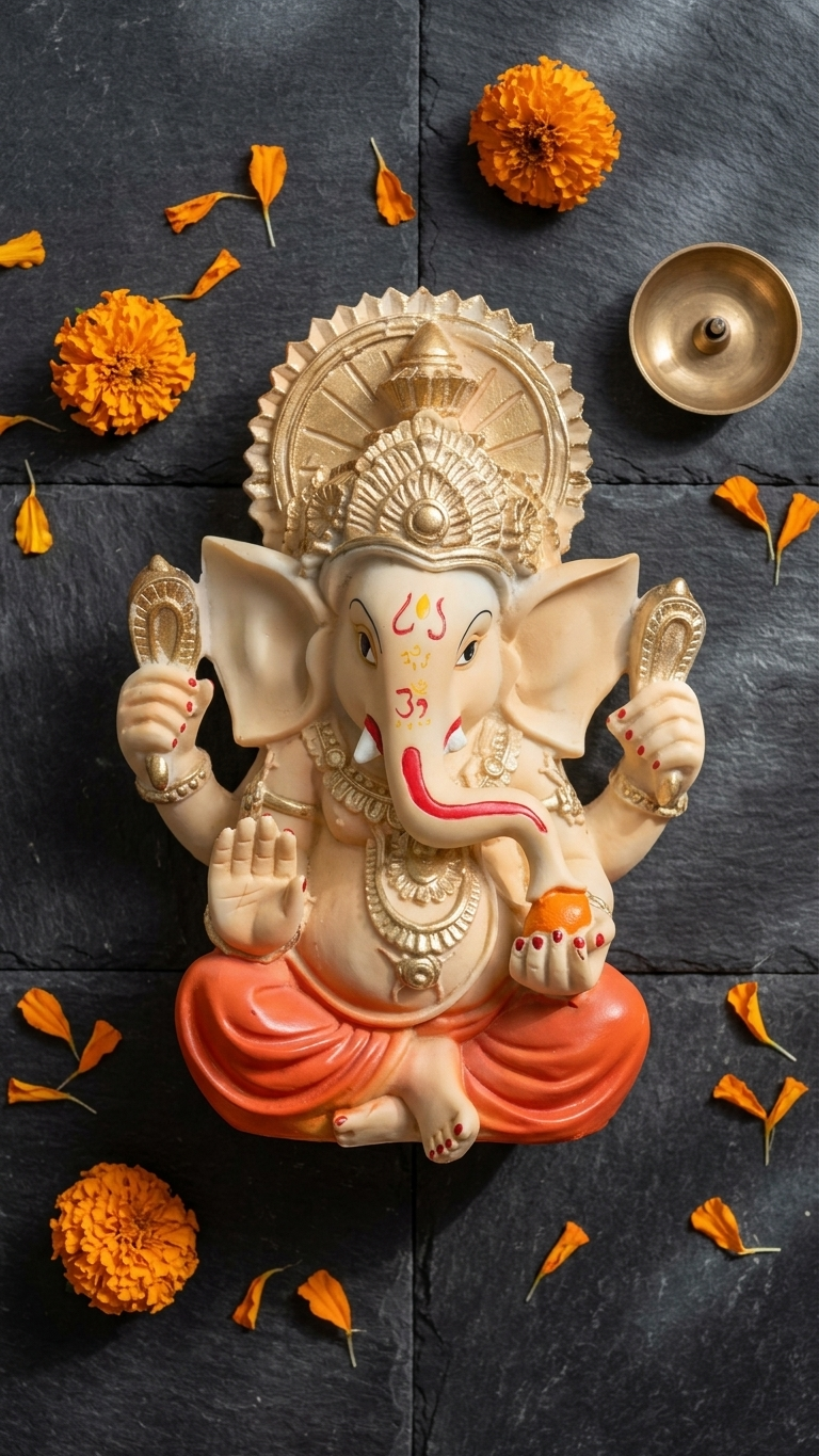 Handcrafted Shubh Labh Resin Ganesh Idol with Modak – Premium Home Temple Decor