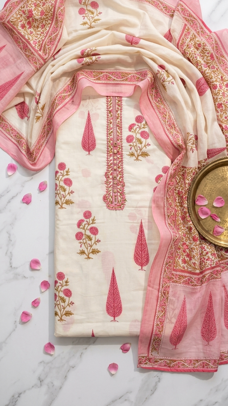 Cream and Pink Designer Suit Set with Dupatta – Elegant Ethnic Wear