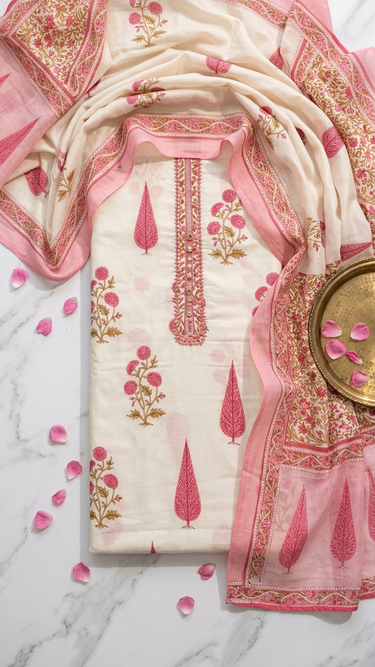 Cream and Pink Designer Suit Set with Dupatta – Elegant Ethnic Wear