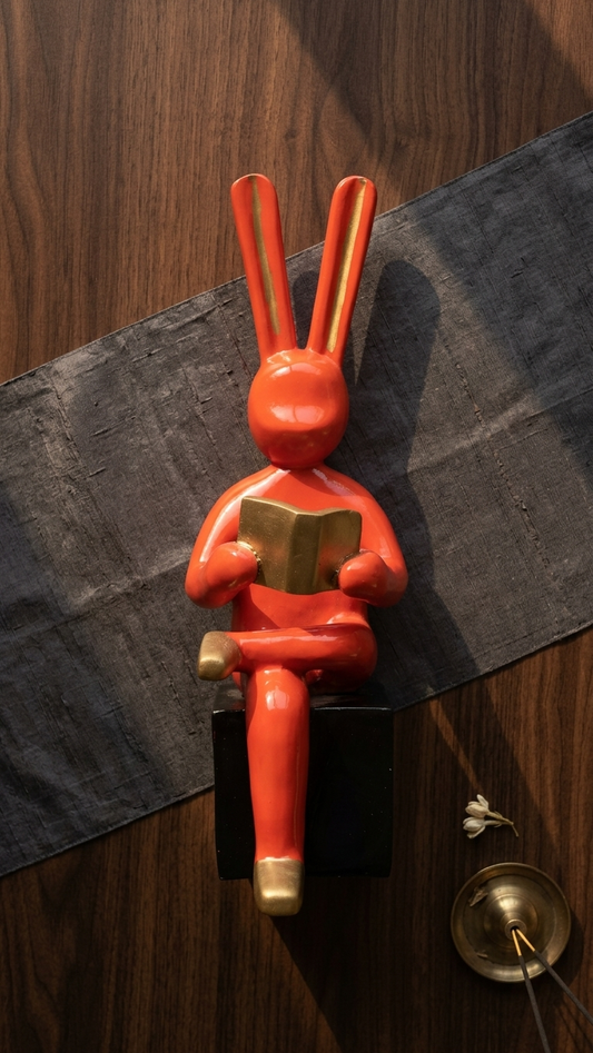 Luxury Reading Bunny Showpiece | Modern Home Decor Statue for Living Room & Bookshelf