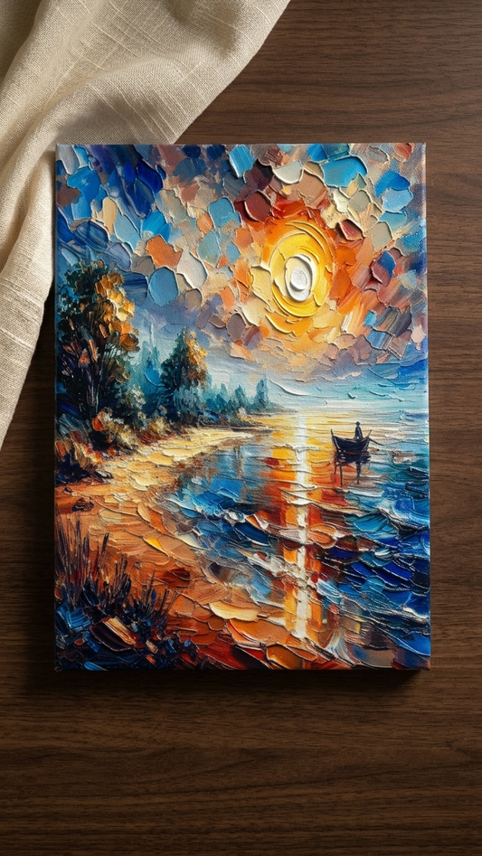 Handcrafted Abstract Sunset Lake Canvas Painting