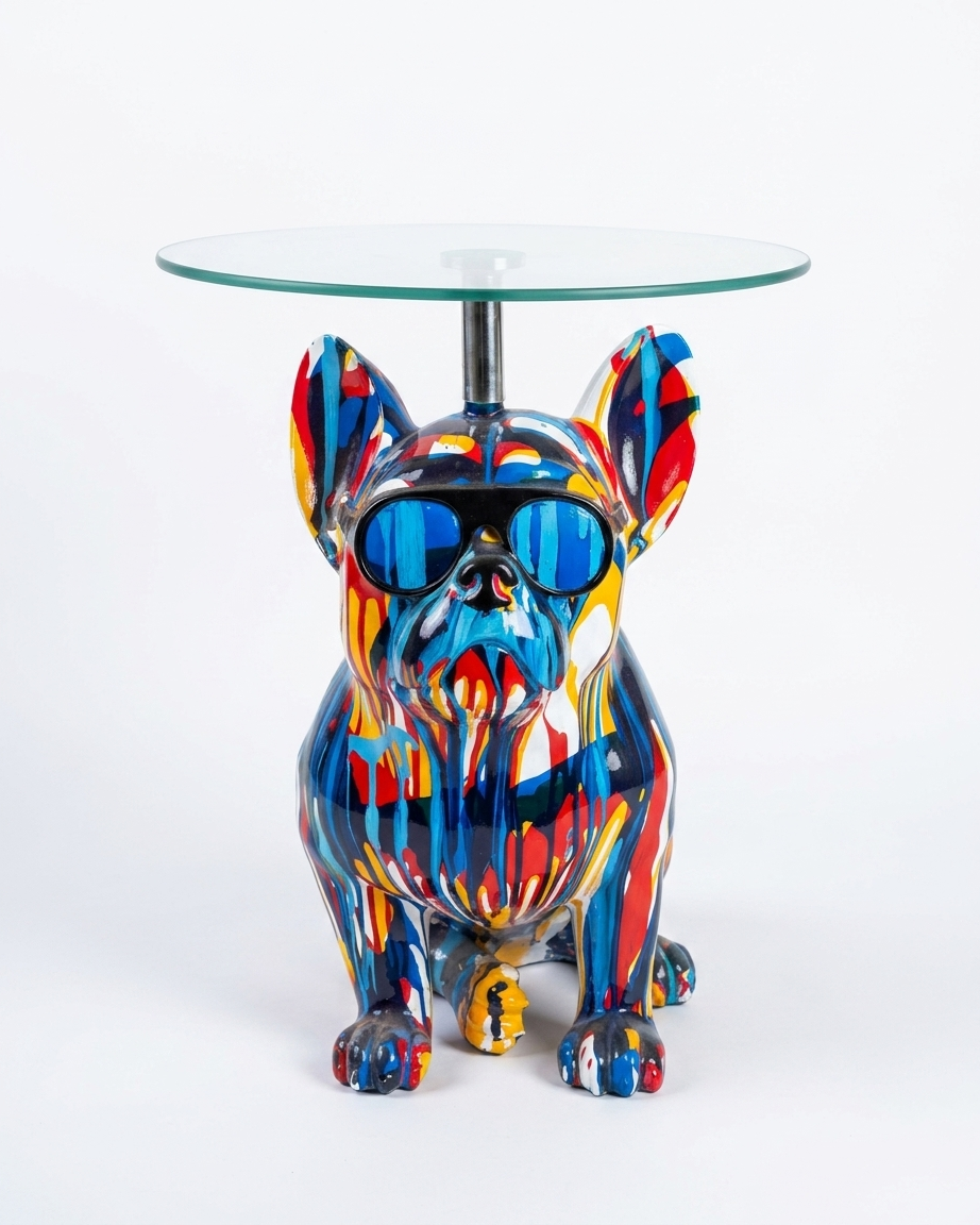 Handcrafted Pop Art French Bulldog Side Table with Glass Top – Modern Luxury Accent Table