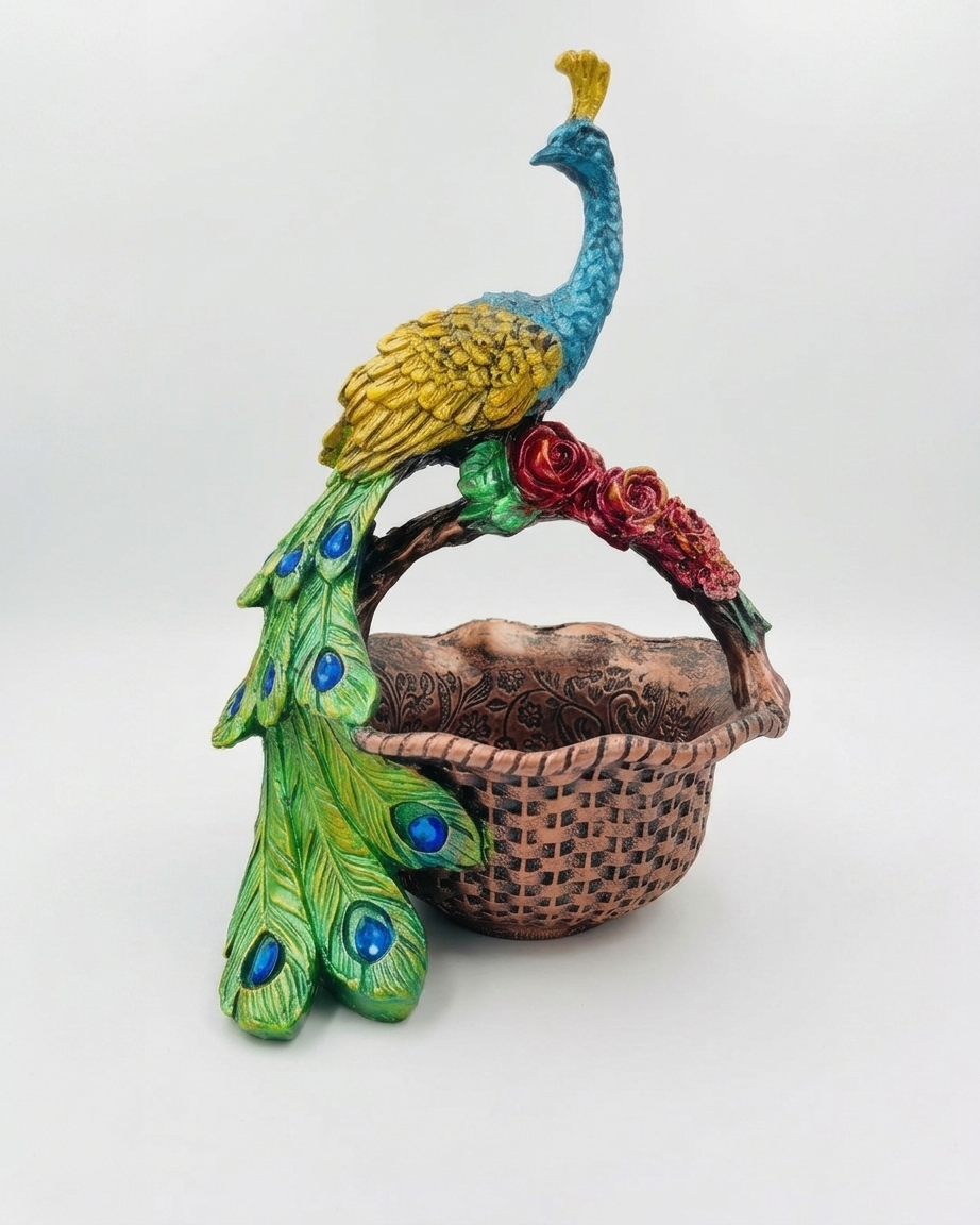 Handcrafted Royal Peacock Floral Basket Showpiece