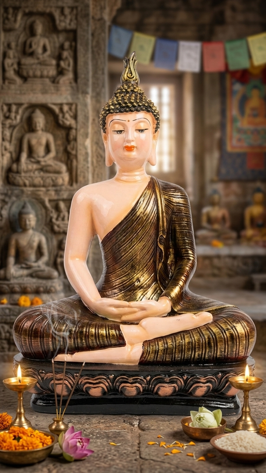 Handcrafted Meditating Buddha Idol for Home Decor – Premium Beige & Antique Gold Resin Statue | Made in India