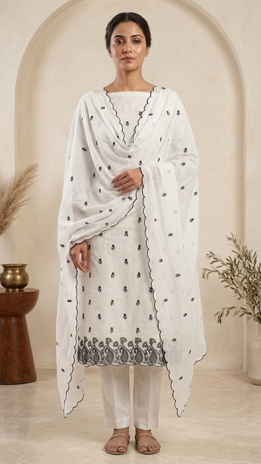 White Embroidered Designer Suit Set with Dupatta – Ethnic Wear India