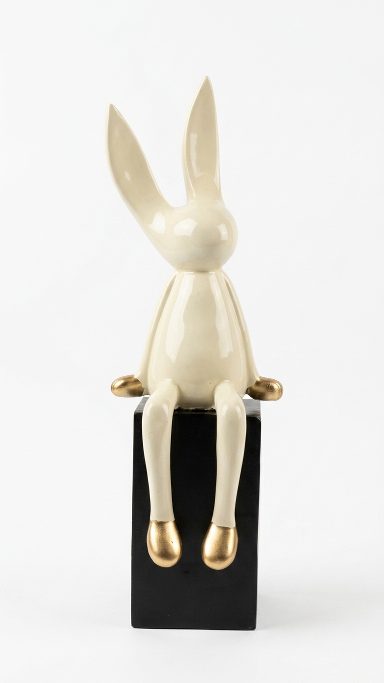 Handcrafted White Sitting Rabbit Showpiece with Golden Hanging Legs – Premium Modern Home Decor