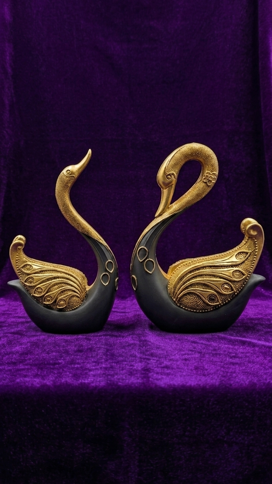 Handcrafted Grey & Gold Regal Swan Showpiece Pair | Luxury Resin Home Decor