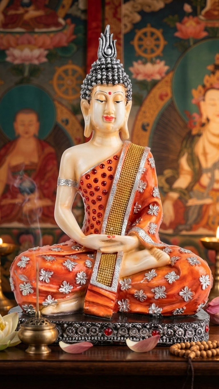 Handcrafted Orange Meditating Buddha Idol with Silver Floral Robe | Premium Resin Showpiece for Home Decor & Meditation