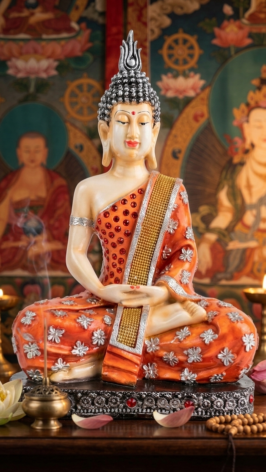 Handcrafted Orange Meditating Buddha Idol with Silver Floral Robe | Premium Resin Showpiece for Home Decor & Meditation