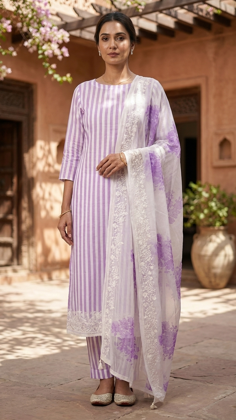 Lavender Striped Designer Suit Set with Floral Dupatta – Ethnic Wear