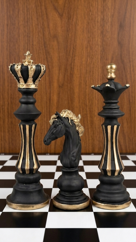 Handcrafted Chess Piece Sculpture Set – Premium King, Queen & Knight Decorative Showpiece