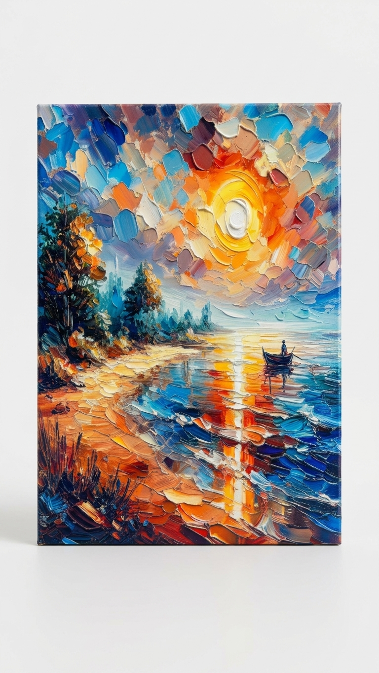 Handcrafted Abstract Sunset Lake Canvas Painting