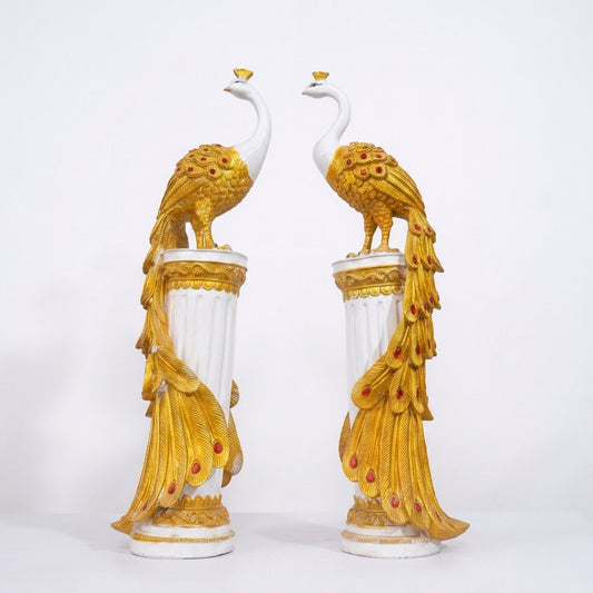 Handcrafted Golden Peacock Showpiece Set on Marble-Style Pillars – Luxury Home Decor Pair