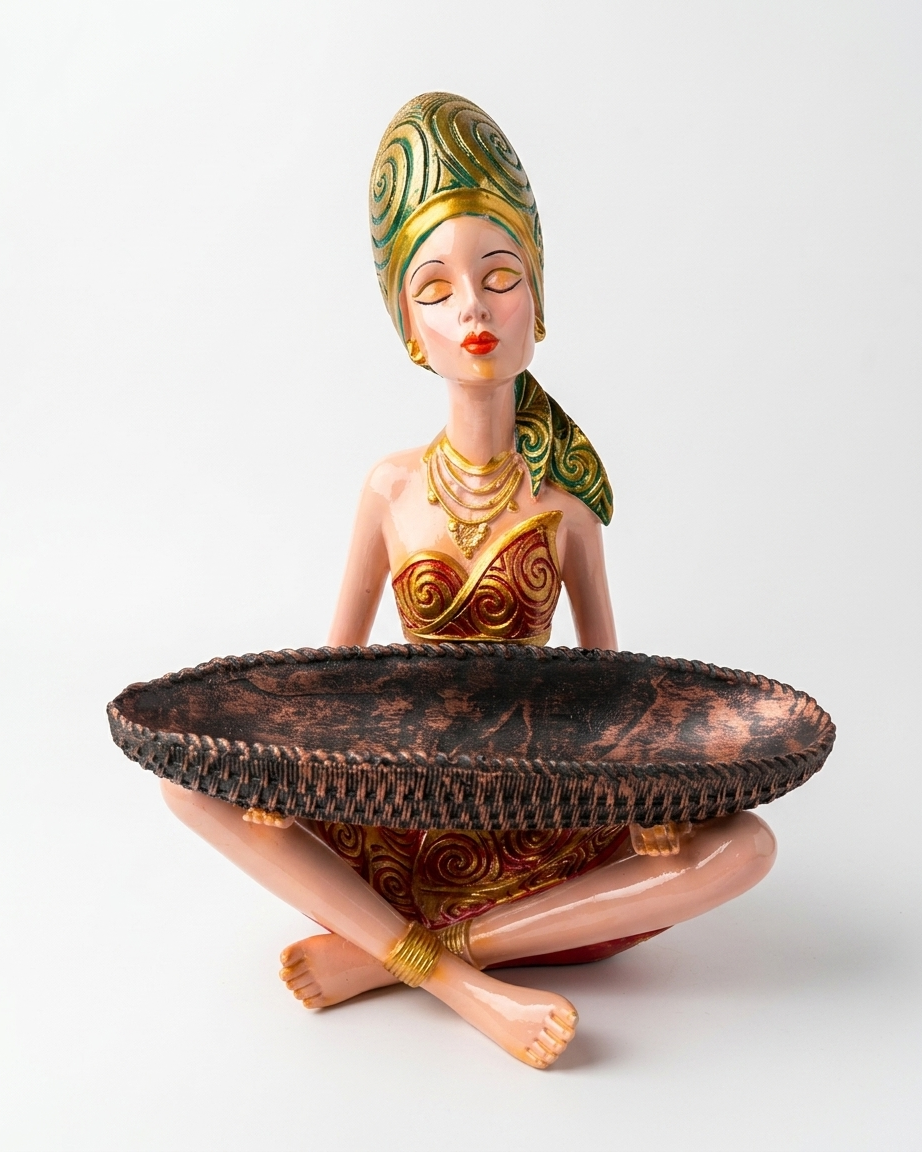Handcrafted Tribal Lady Tray Holder Showpiece – Emerald Gold