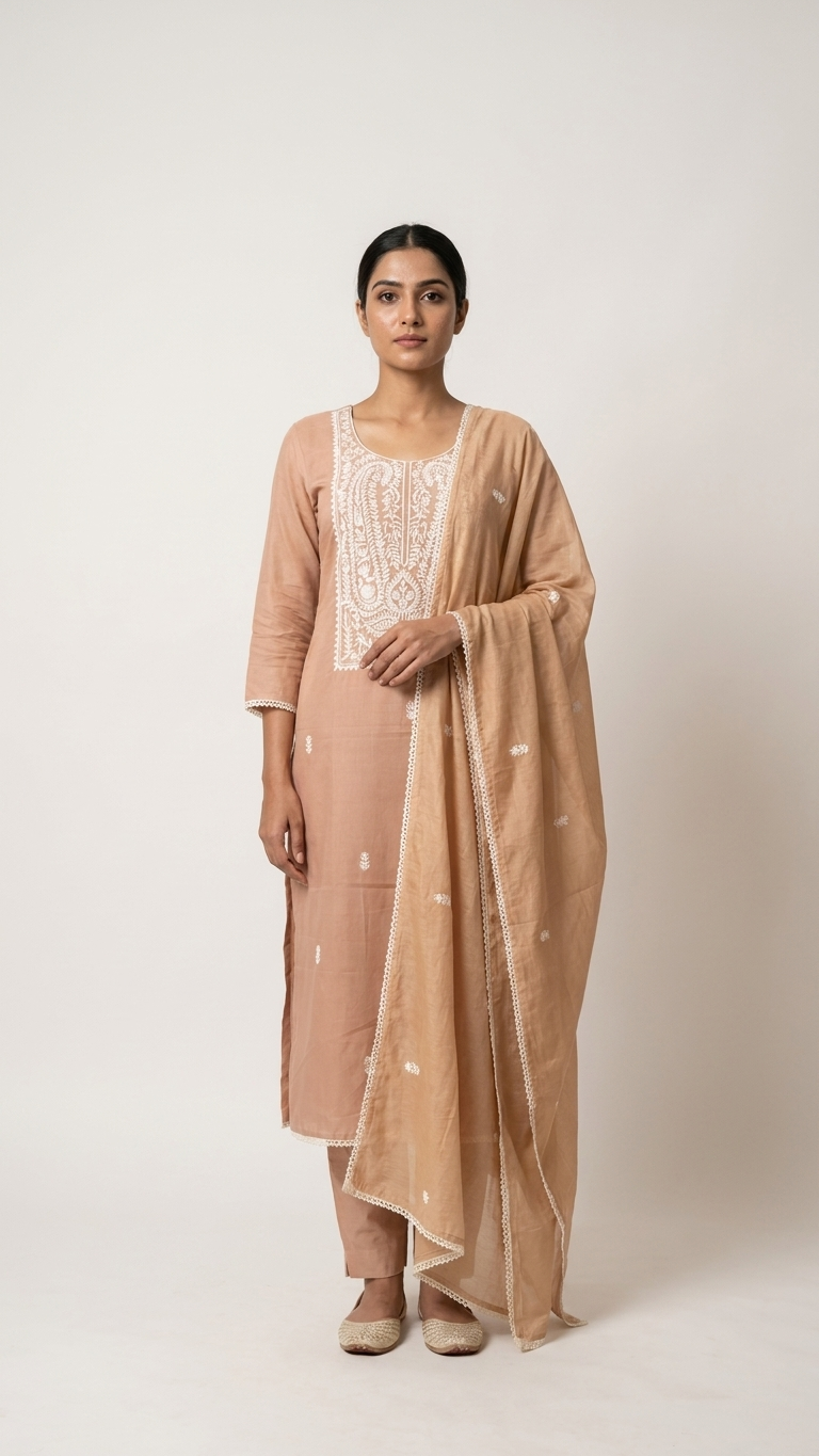 Beige Embroidered Designer Suit Set with Dupatta – Elegant Ethnic Wear