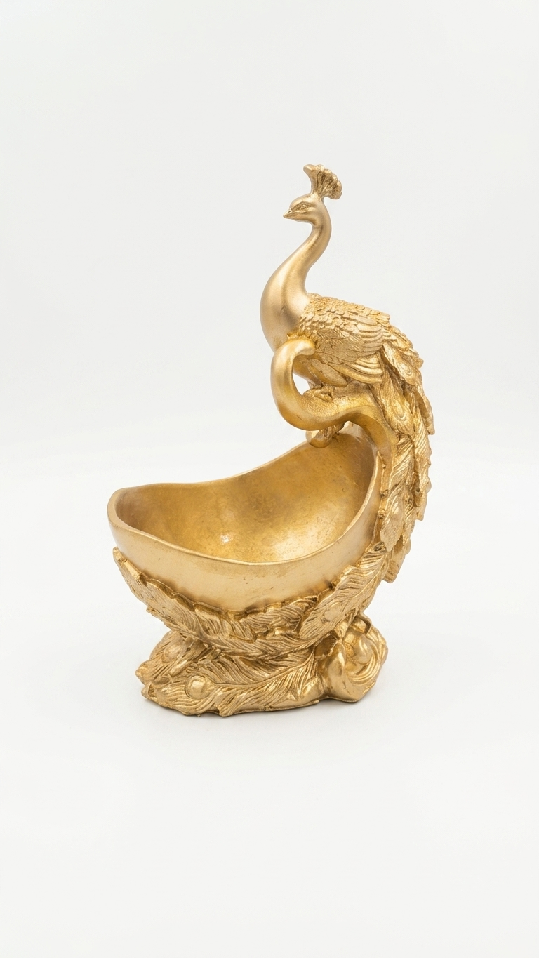 Handcrafted Brass Look Finish Peacock Bowl Showpiece Figurine