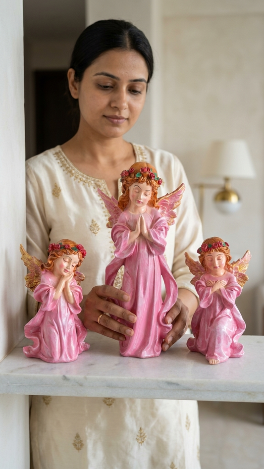 Pink Angel Blessings Showpiece Set of 3 – Premium Decorative Figurines for Home, Prayer Corner & Gifting