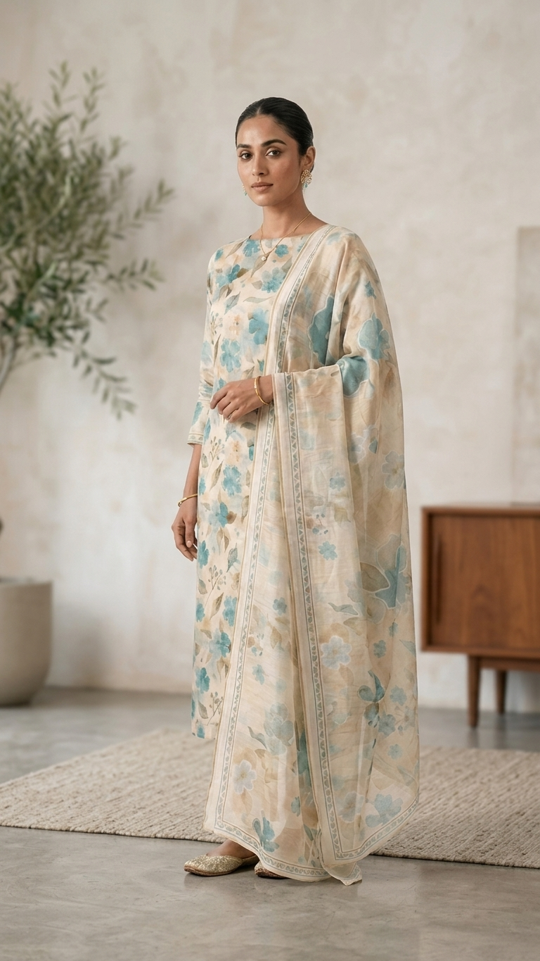 Blue Floral Designer Suit Set with Dupatta – Pastel Ethnic Wear India