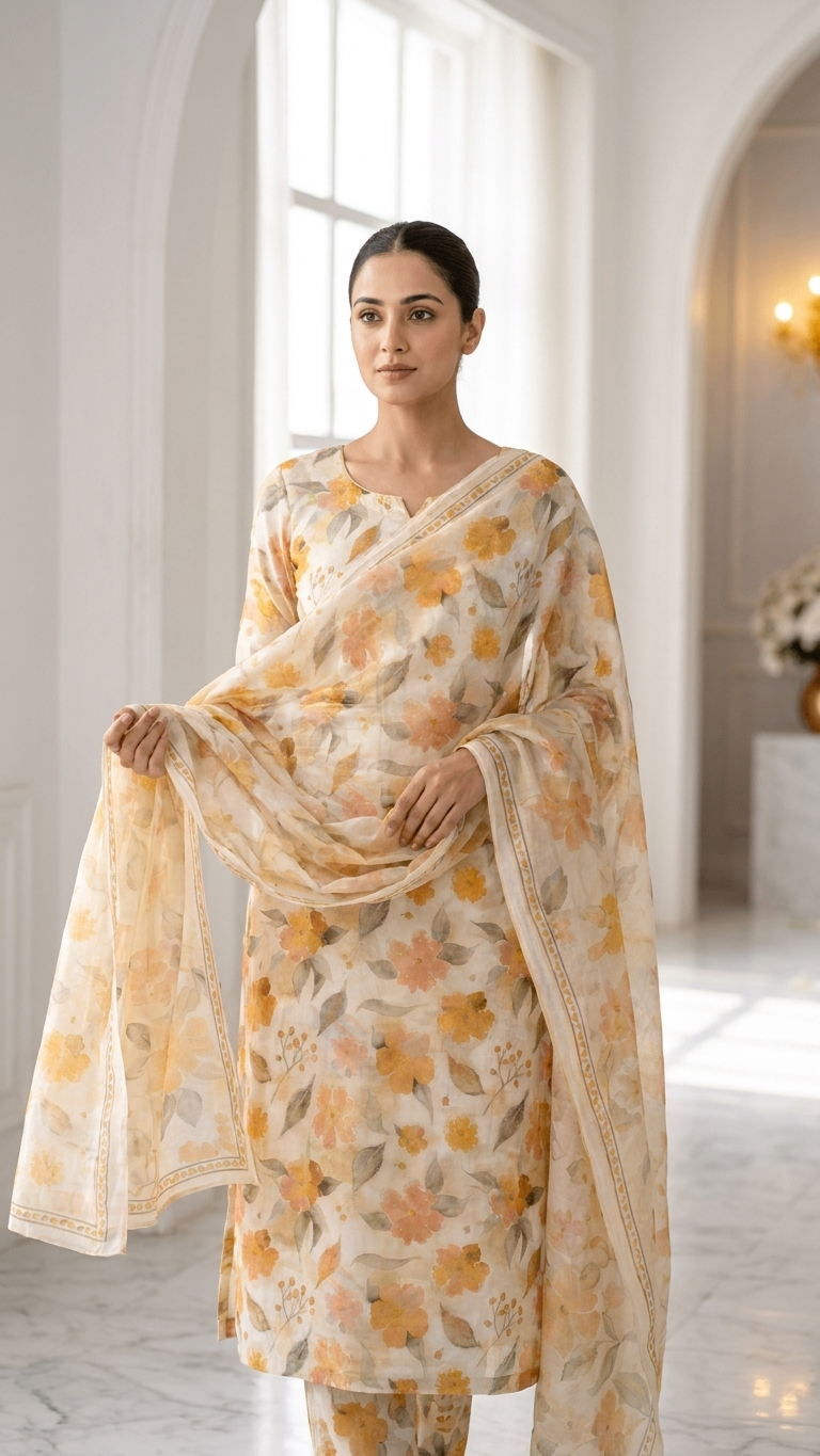 Peach Floral Designer Suit Set with Dupatta – Elegant Ethnic Wear