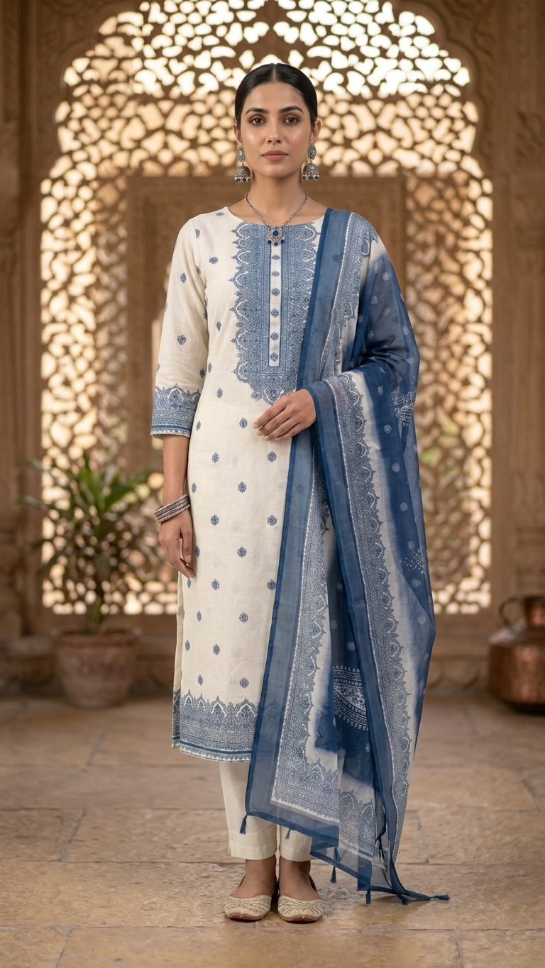 Cream Blue Embroidered Suit Set with Dupatta –Ethnic Wear India