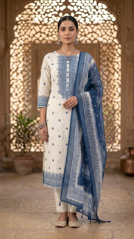 Cream Blue Embroidered Suit Set with Dupatta –Ethnic Wear India