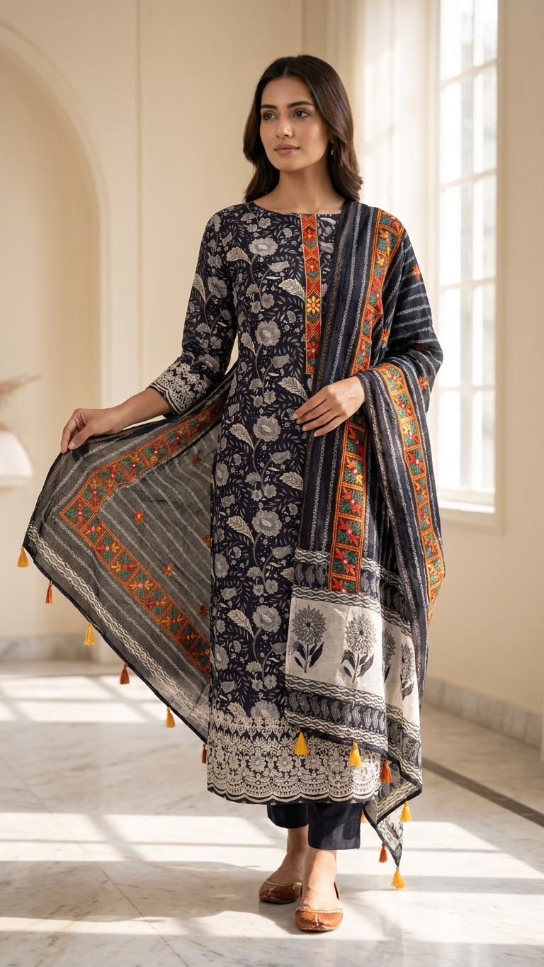 Black Floral Designer Suit Set with Embroidered Dupatta – Ethnic Wear