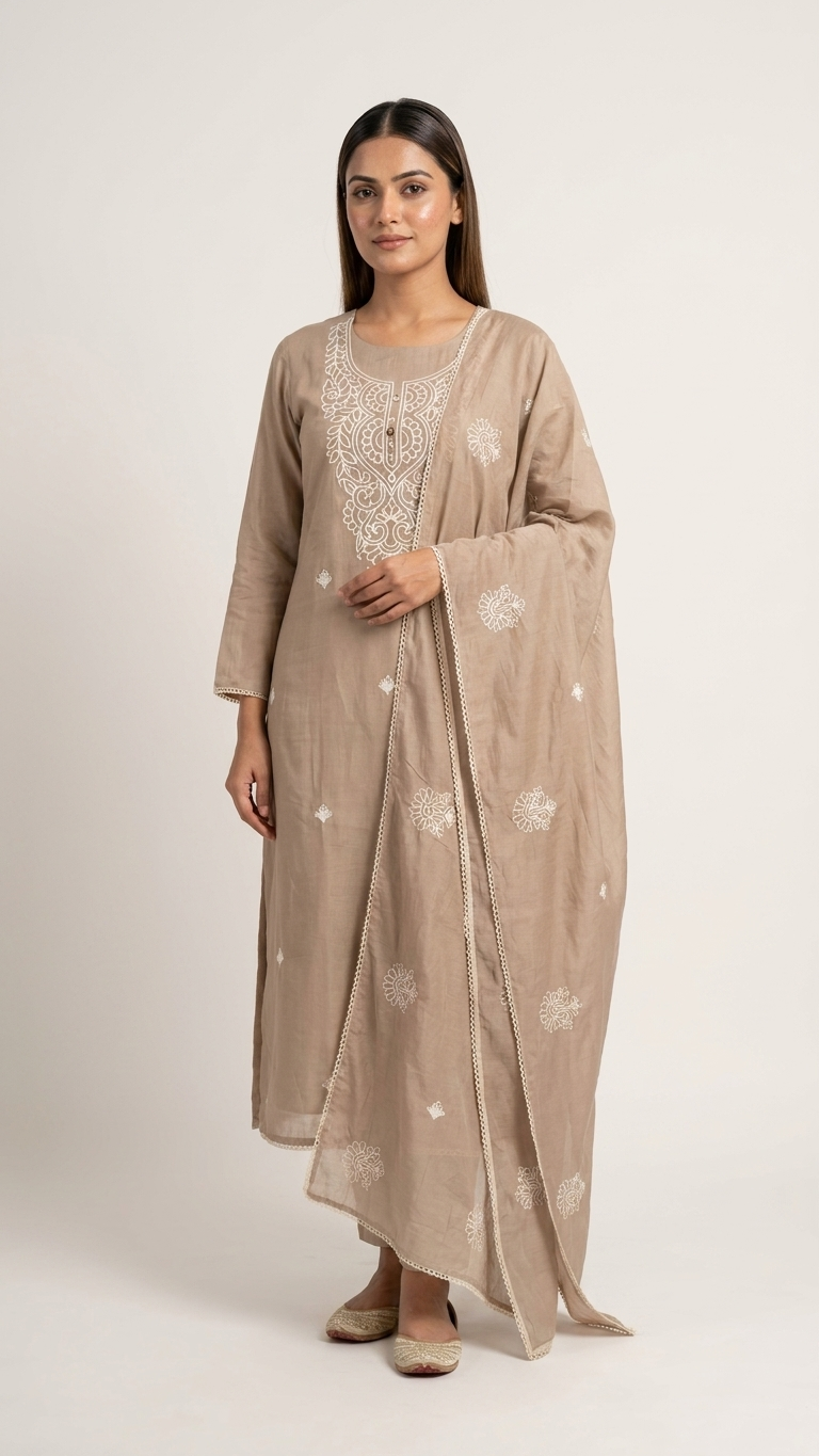 Taupe Embroidered Designer Suit Set with Dupatta – Elegant Ethnic Wear