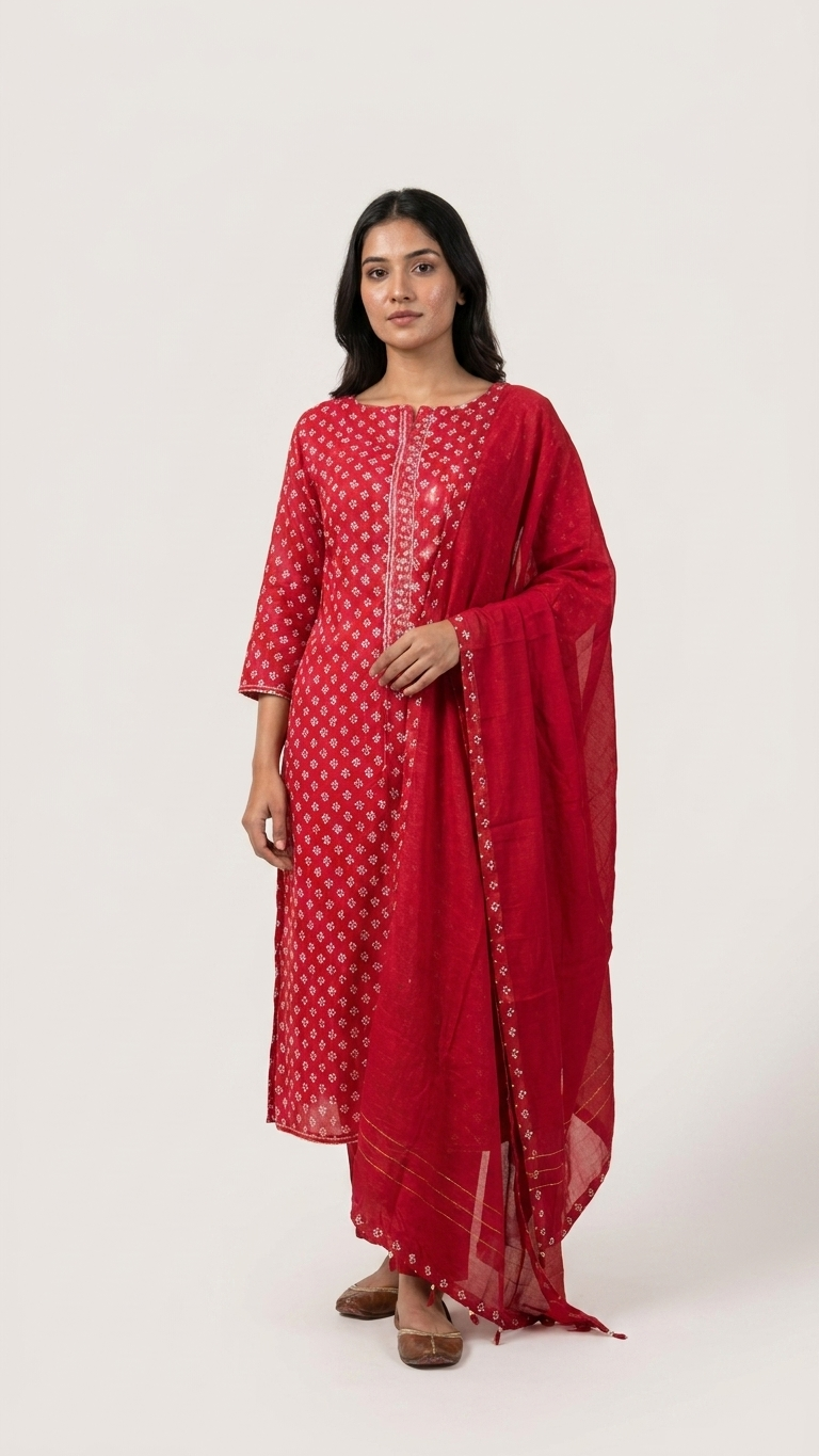 red cotton suit set with dupatta