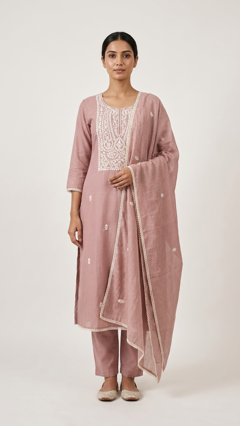 Dusty Rose Embroidered Suit Set with Dupatta – Elegant Ethnic Wear