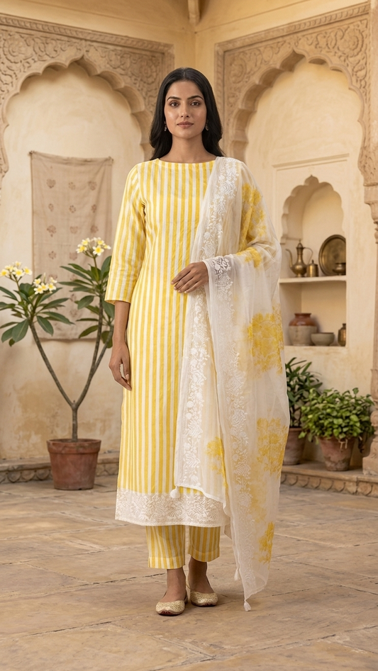 Yellow Striped Designer Suit Set with Floral Dupatta – Ethnic Wear