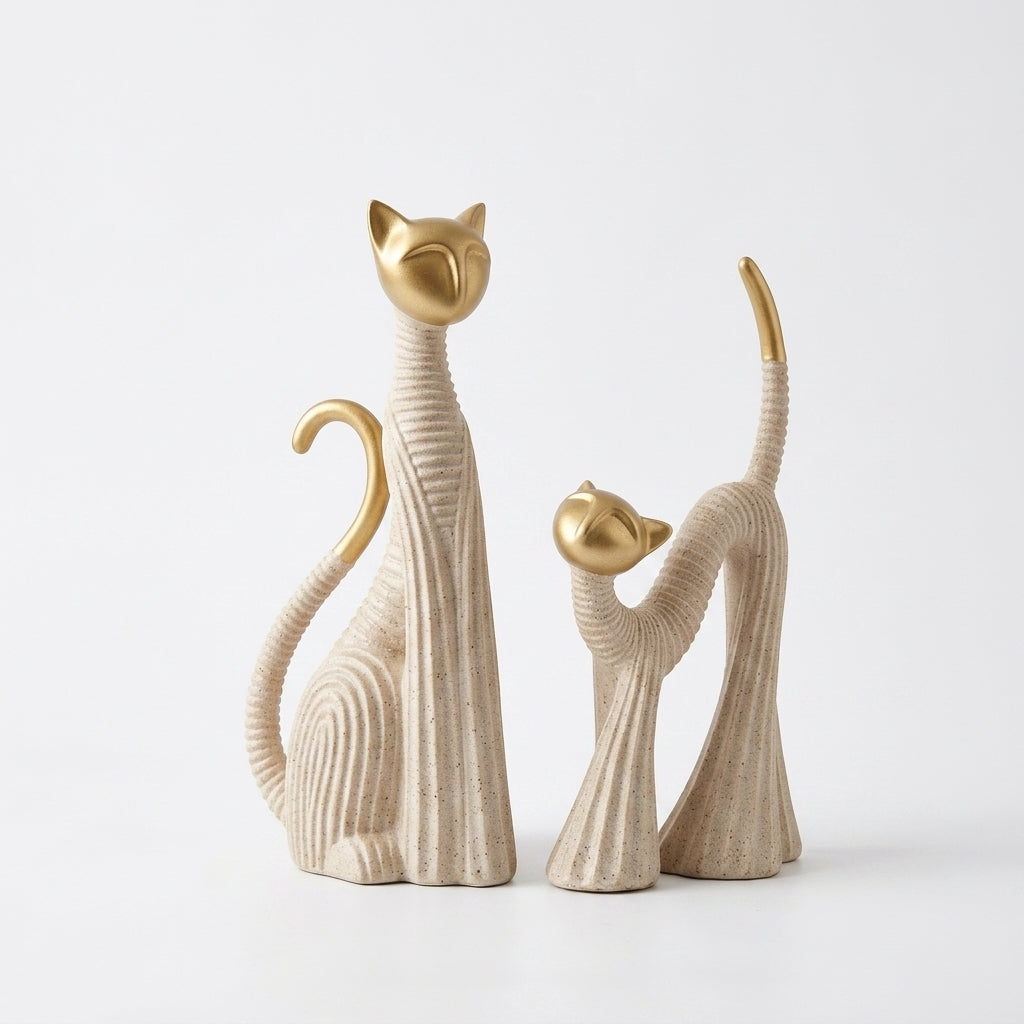 Handcrafted Modern Cat Showpiece Set – Gold & Ivory Ceramic Sculptures