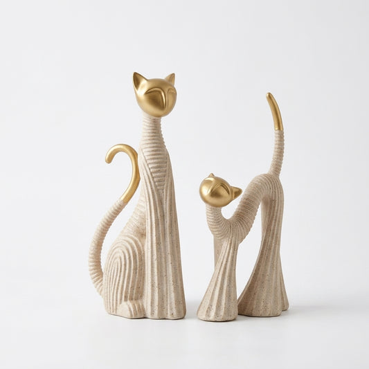 Handcrafted Modern Cat Showpiece Set – Gold & Ivory Ceramic Sculptures