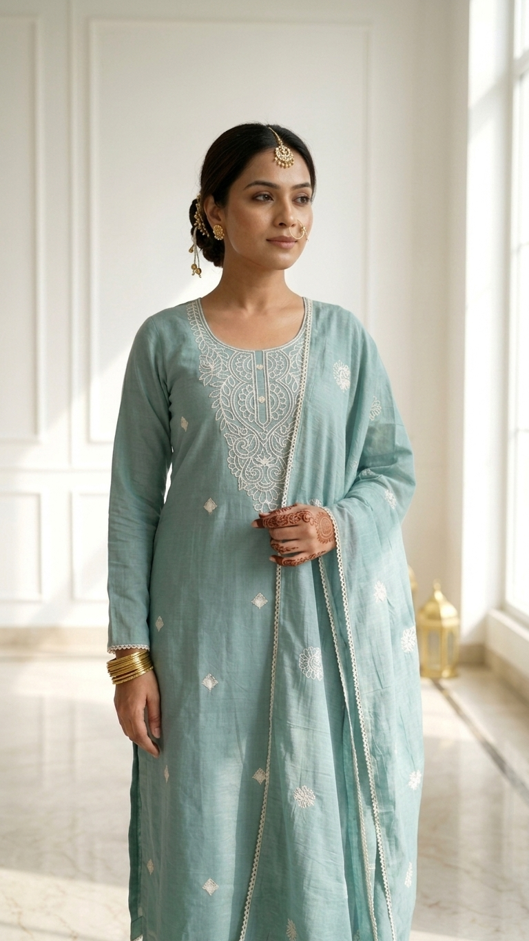 Mint Green Embroidered Suit Set with Dupatta – Elegant Ethnic Wear